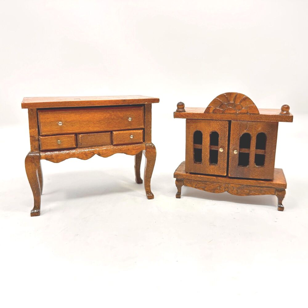 Vintage Miniature Wooden Furniture Set Dollhouse Dresser and Cabinet Decor